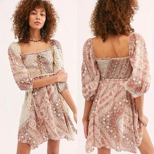 Free People Love Sick Mini Boho Dress Balloon Sleeve Size S Pink Pattern Floral